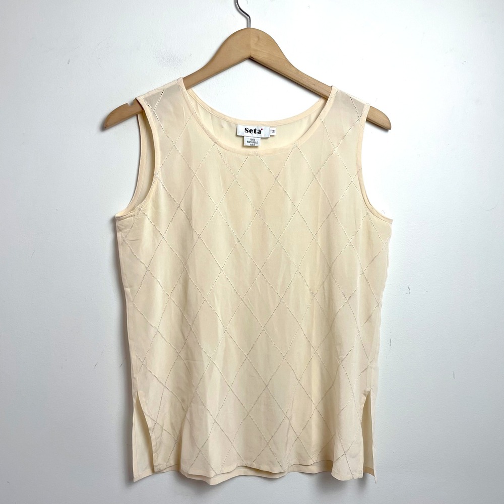 Vintage Silk Tank Top Blouse Sz M Cream Minimalist Capsule Parisian Quiet Luxury